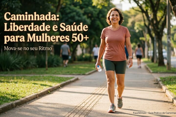 Mulher de 50 anos sorridente praticando caminhada ao ar livre em um parque arborizado