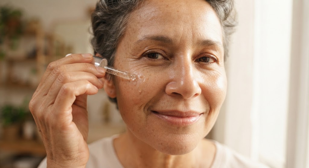 mulher passando vitamina C no rosto