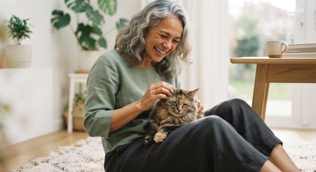 mulher feliz brincando com um gato
