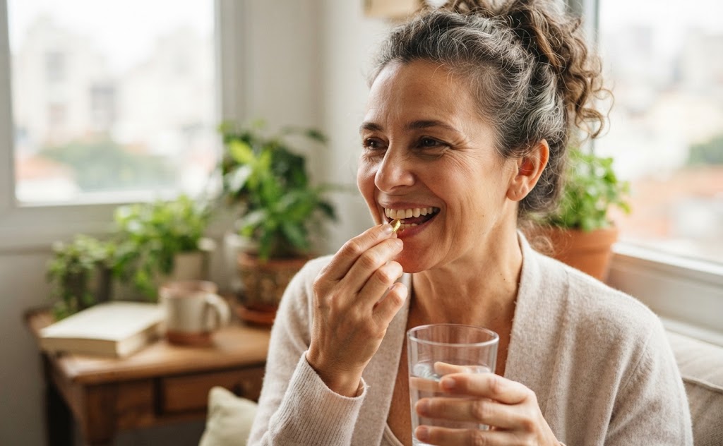 mulher tomando seu suplemento vitamínico 