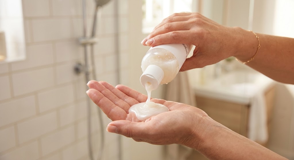 Mão aplicando shampoo suave no couro cabeludo durante a lavagem diária
